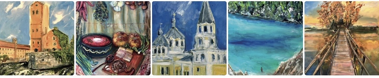Collage featuring paintings of the Zhytomyr region by Ukrainian artist Marina Stognieva